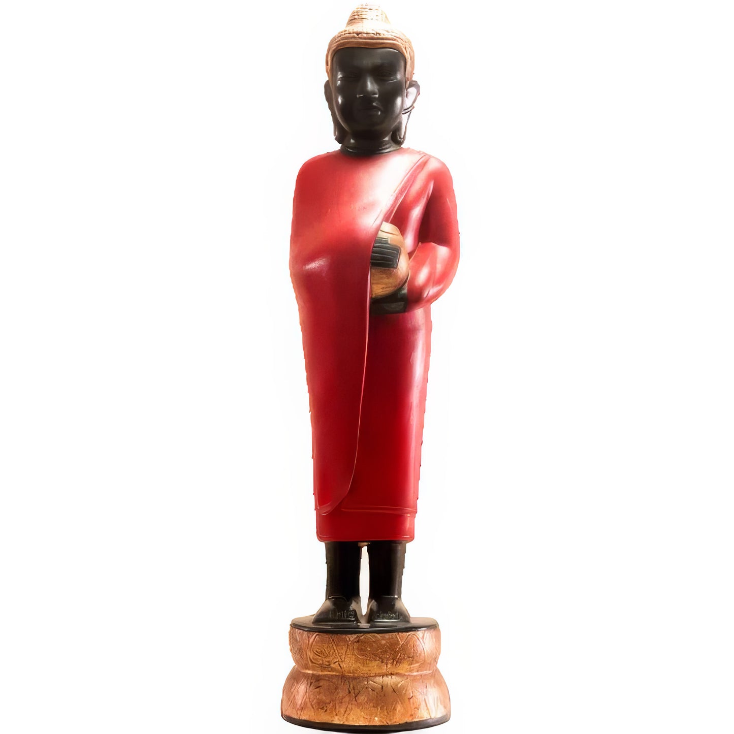 Standing Buddha sculpture, 40 cm, in red lacquer robe with black body on gilded base — Stocker Studio, Siem Reap