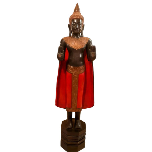Standing Buddha — Black, Red & Gold Leaf, 120 cm (I) — natural lacquer with gold leaf — Stocker Studio, Siem Reap, Cambodia
