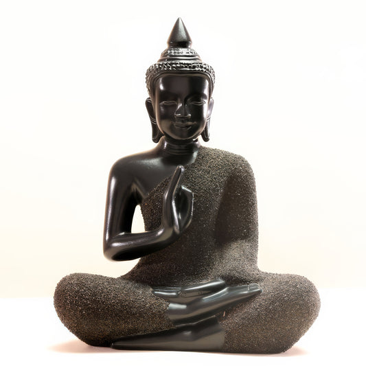 Meditating Buddha sculpture in textured sand-finish lacquer with smooth black face and hands — Stocker Studio, Siem Reap