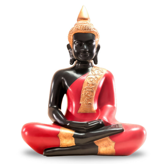 Meditating Buddha sculpture in black lacquer with red robe and 24k gold leaf accents — Stocker Studio, Siem Reap