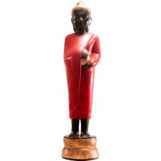 Standing Buddha sculpture, 40 cm, in red lacquer robe with black body on gilded base — Stocker Studio, Siem Reap