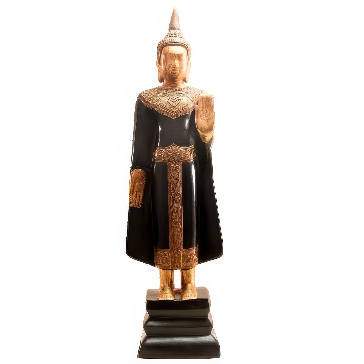 Standing Buddha sculpture, 45 cm, in black lacquer with 24k gold leaf face, crown and decorative details — Stocker Studio, Siem Reap