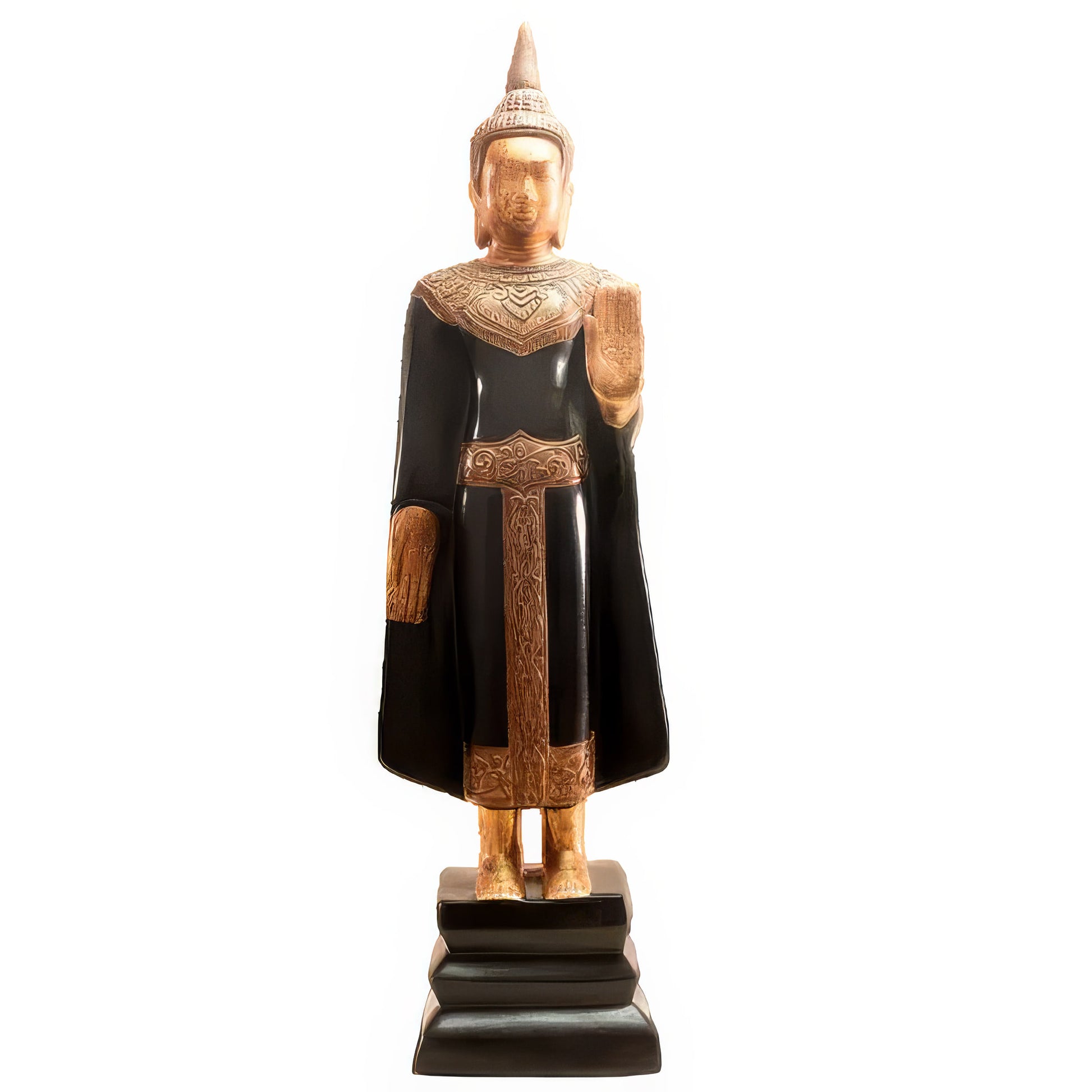 Standing Buddha sculpture, 45 cm, in black lacquer with 24k gold leaf face, crown and decorative details — Stocker Studio, Siem Reap