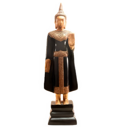 Standing Buddha sculpture, 45 cm, in black lacquer with 24k gold leaf face, crown and decorative details — Stocker Studio, Siem Reap