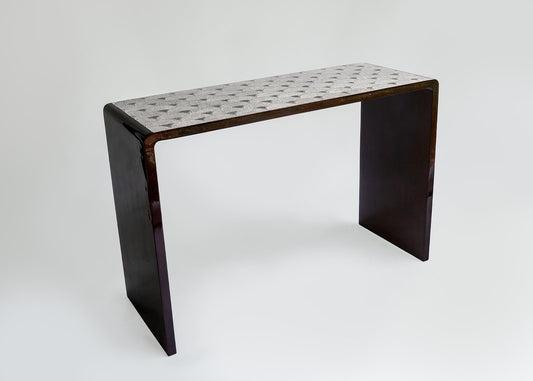 Stocker Studio console table with dark scale-pattern eggshell top and deep maroon lacquer waterfall body