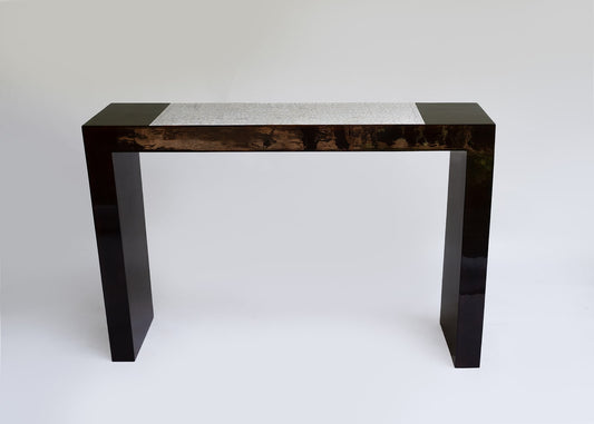 Stocker Studio lacquer console with white eggshell band across the centre of the top, deep maroon body — front view