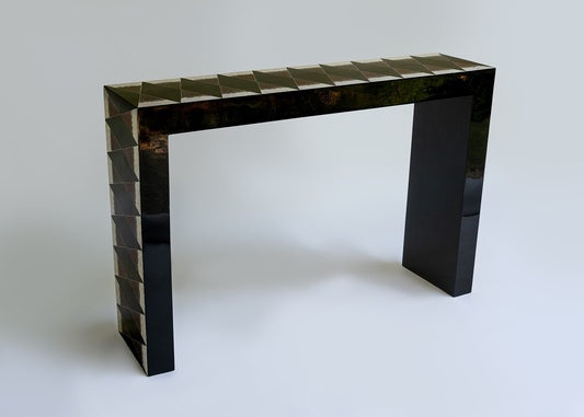 Stocker Studio lacquer console with diagonal eggshell, olive lacquer and copper-leaf geometric marquetry wrapping the top edge and side