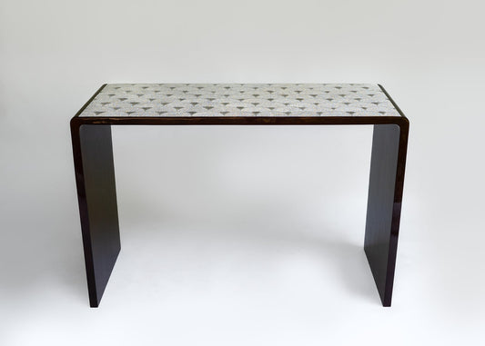 Stocker Studio console table with silver eggshell scale-pattern top and deep maroon lacquer waterfall body