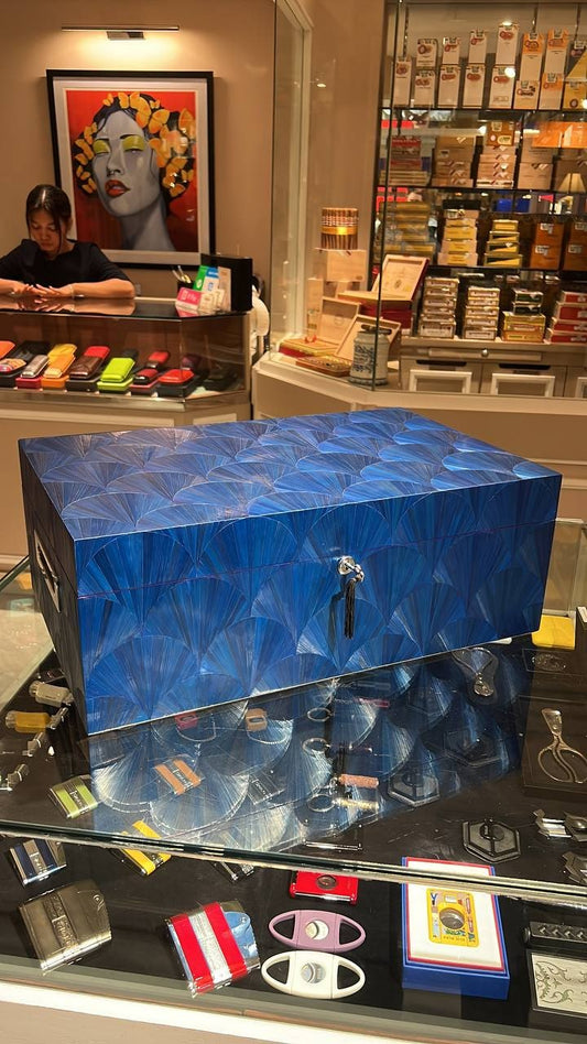 SIGLO × Eric Stocker BLUE GINKGO humidor — large format, indigo-dyed rye-straw fan/leaf marquetry, photographed at cigar shop