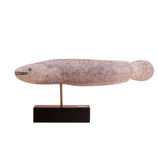 Eggshell lacquer fish with straw marquetry base 39cm by Stocker Studio