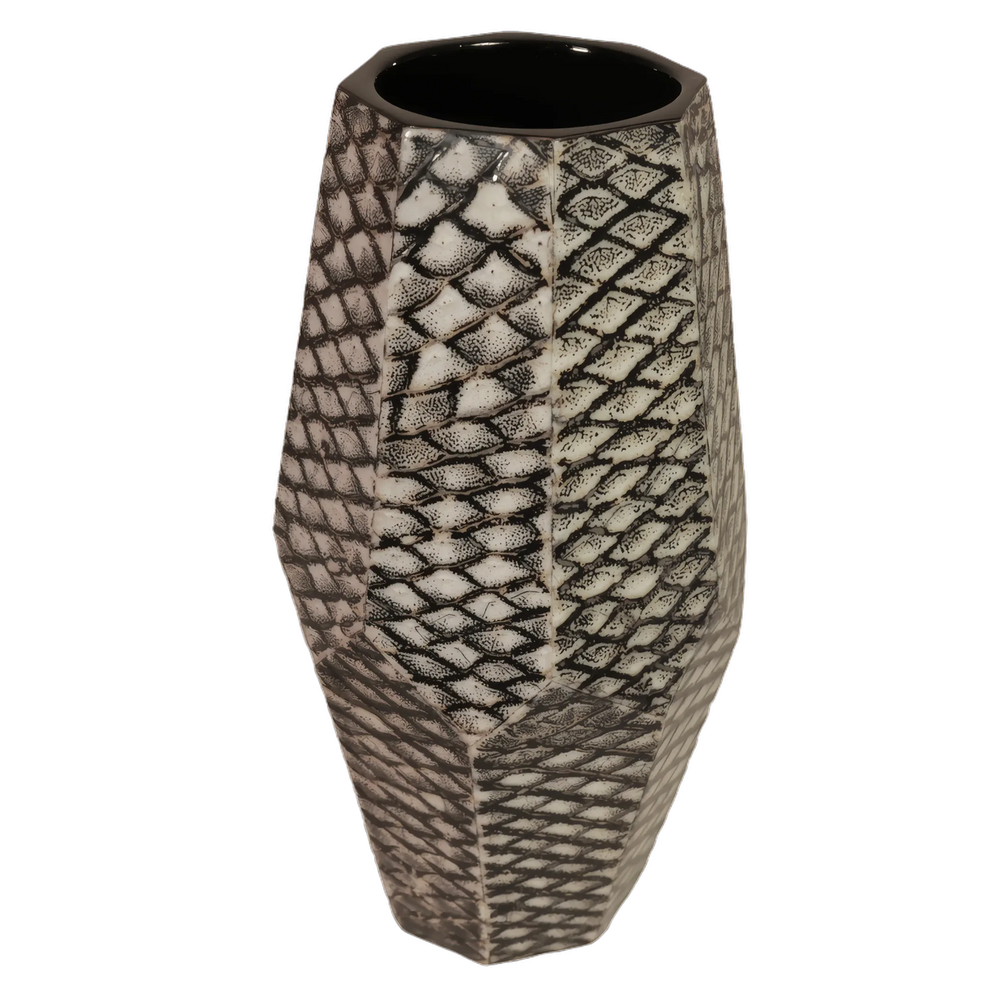 Decorative vase with geometric pattern on a white background made with carp skin and lacquer